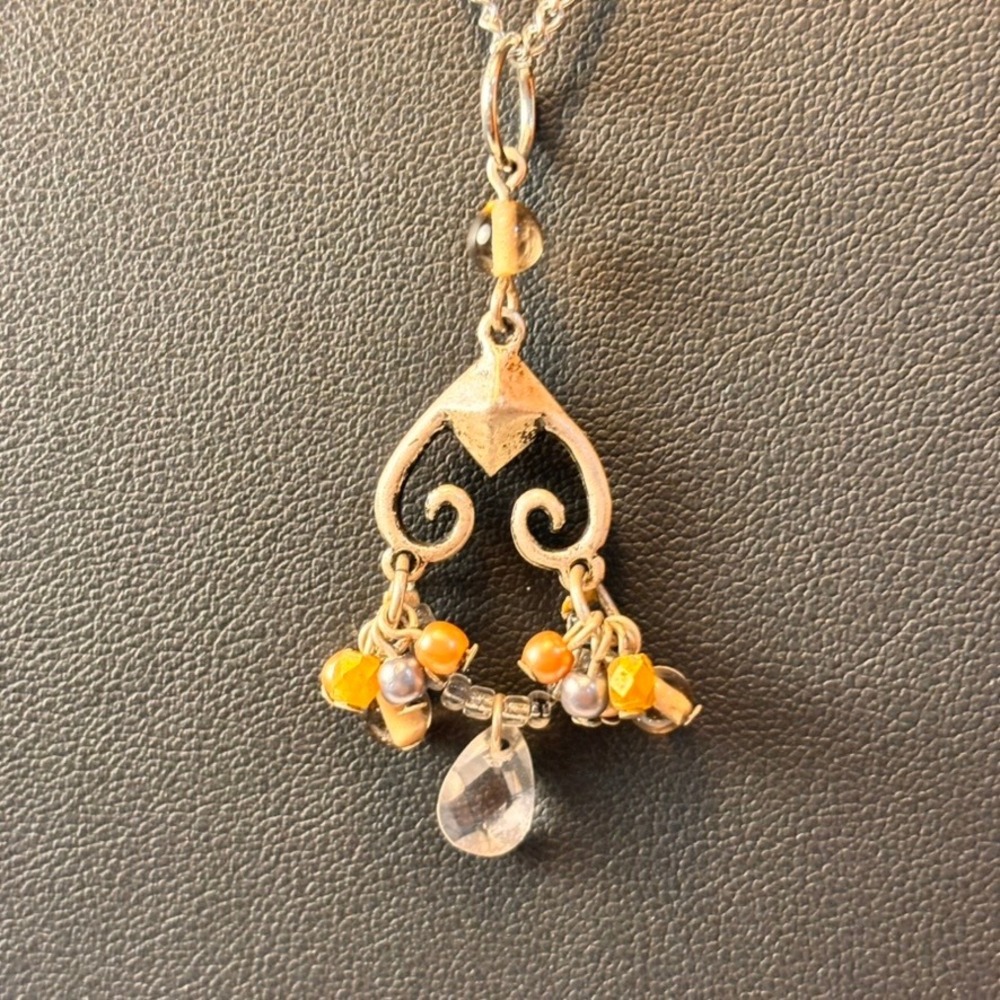 Scrollwork Chandelier Pendant Necklace Silver Orange Boho Whimsygoth Statement - Picture 9 of 9